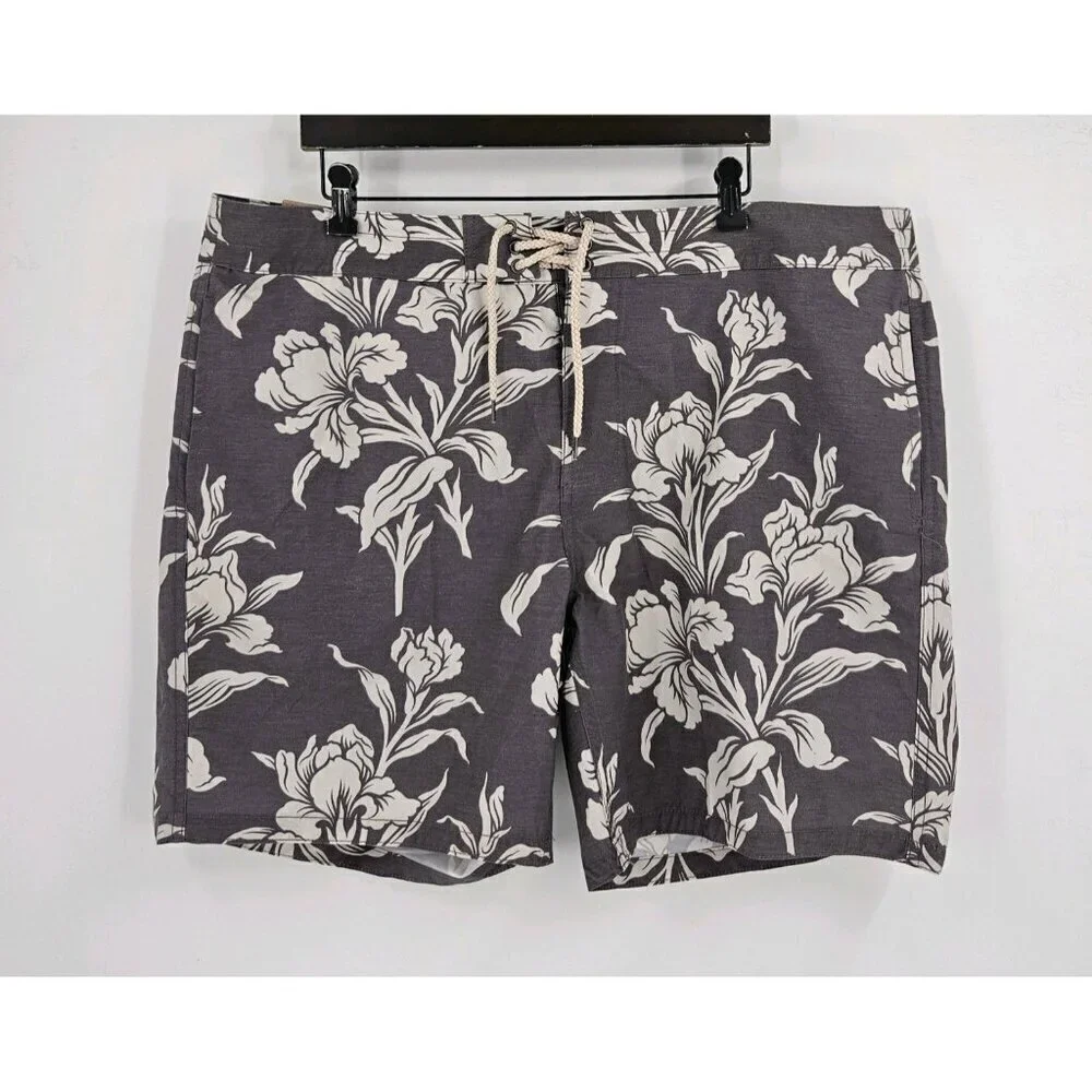 New Faherty Men Sz 40 Classic Boardshort Caf-Cream Ash Floral Lace Button Fly